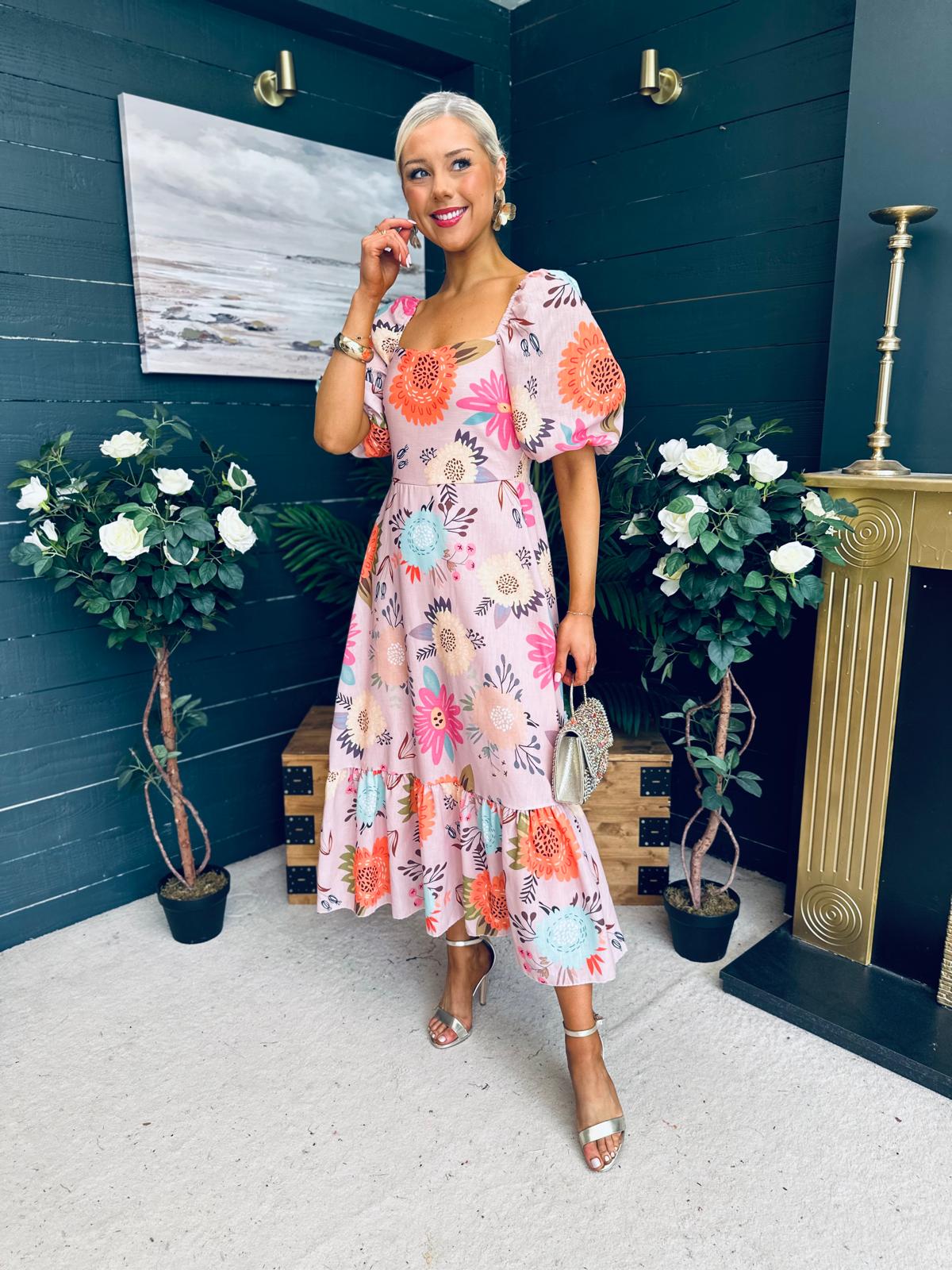 Davina Puff Sleeve Midi Dress Blush