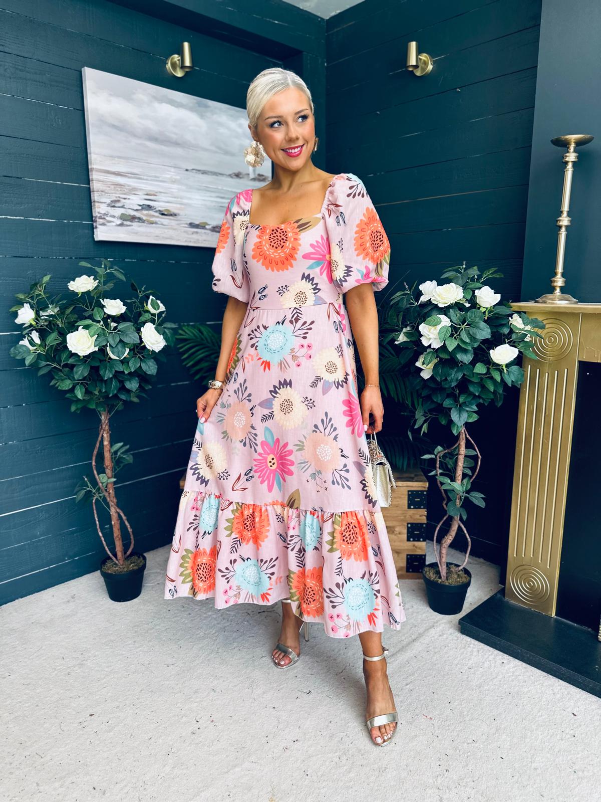 Davina Puff Sleeve Midi Dress Blush