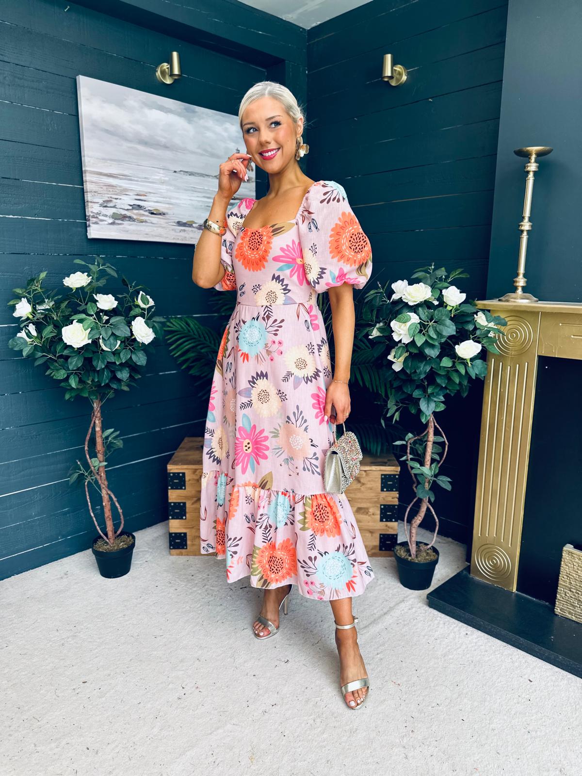 Davina Puff Sleeve Midi Dress Blush