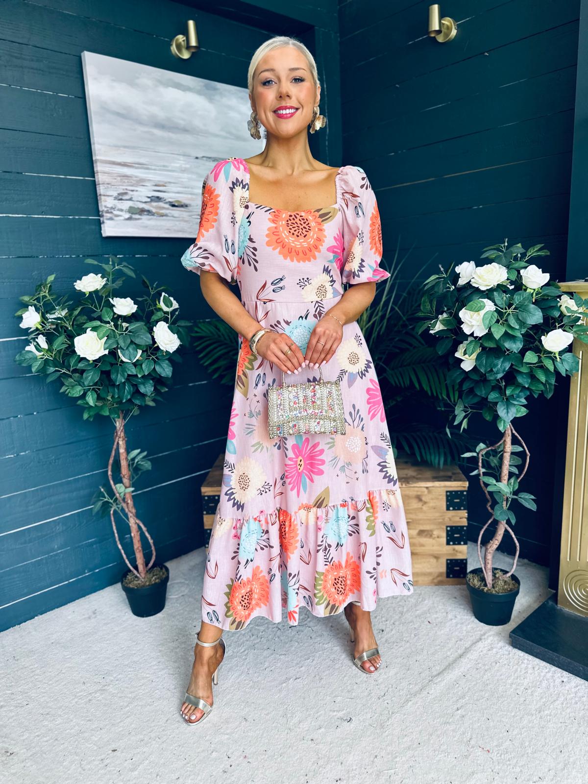 Davina Puff Sleeve Midi Dress Blush