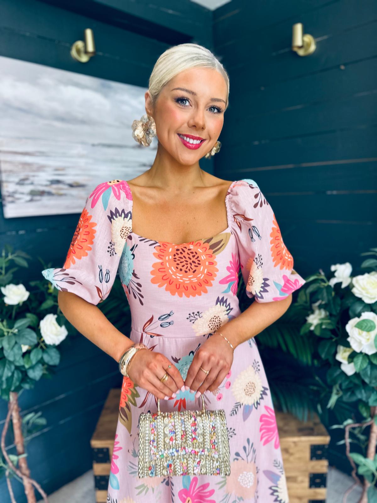 Davina Puff Sleeve Midi Dress Blush