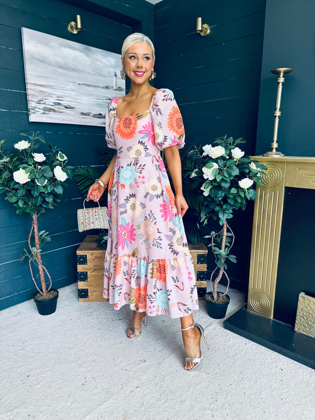 Davina Puff Sleeve Midi Dress Blush