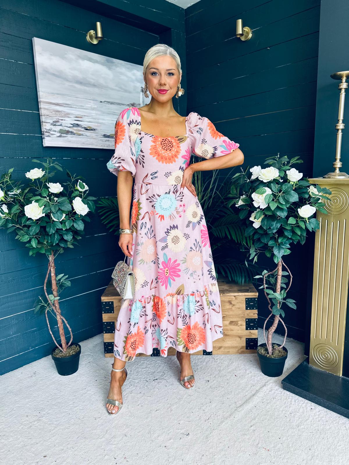 Davina Puff Sleeve Midi Dress Blush