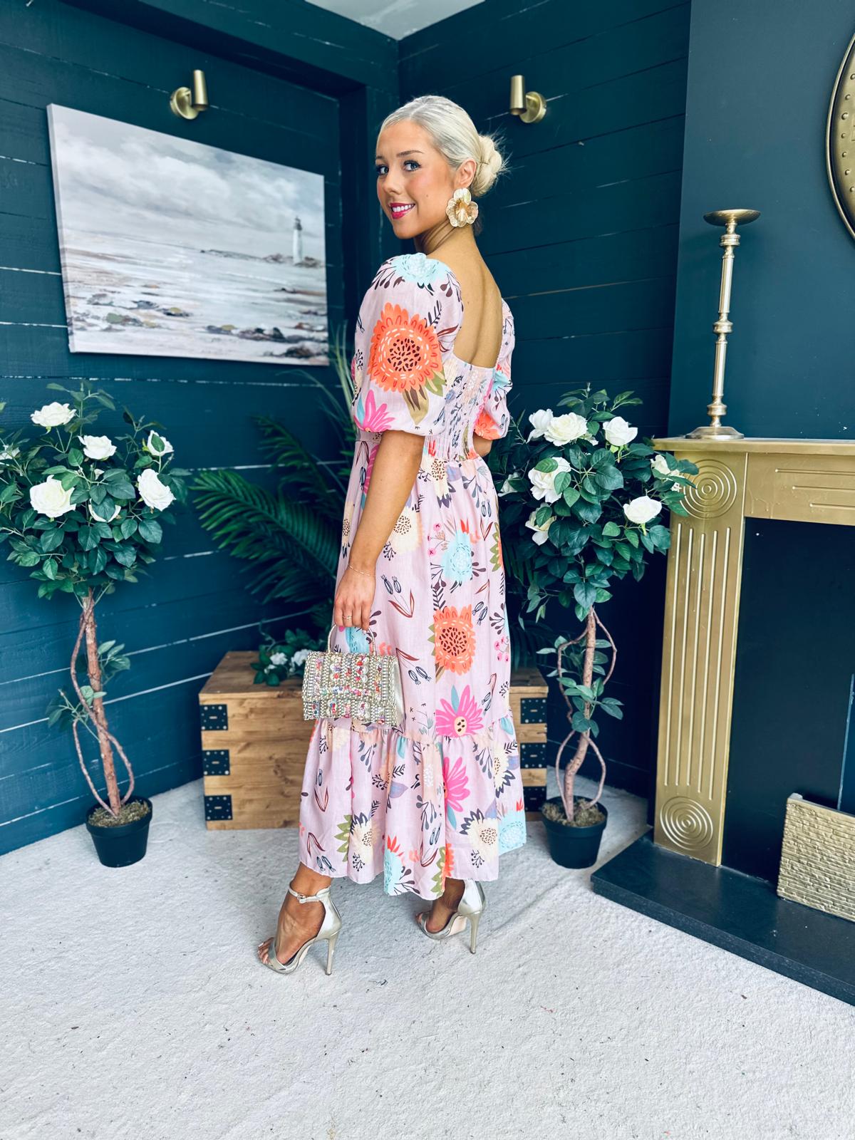 Davina Puff Sleeve Midi Dress Blush