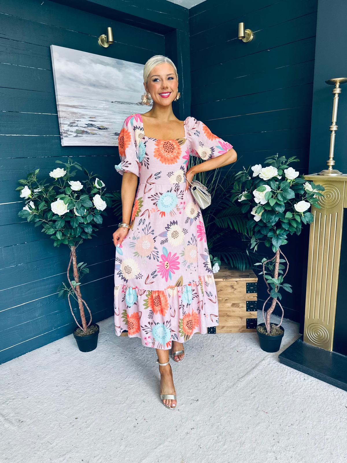 Davina Puff Sleeve Midi Dress Blush