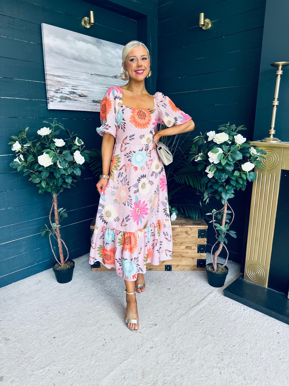 Davina Puff Sleeve Midi Dress Blush