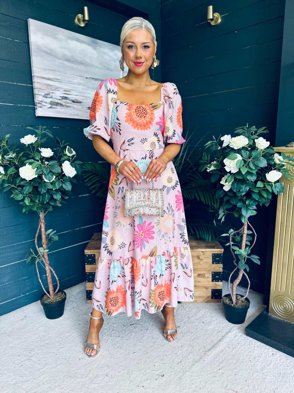 Davina Puff Sleeve Midi Dress Blush