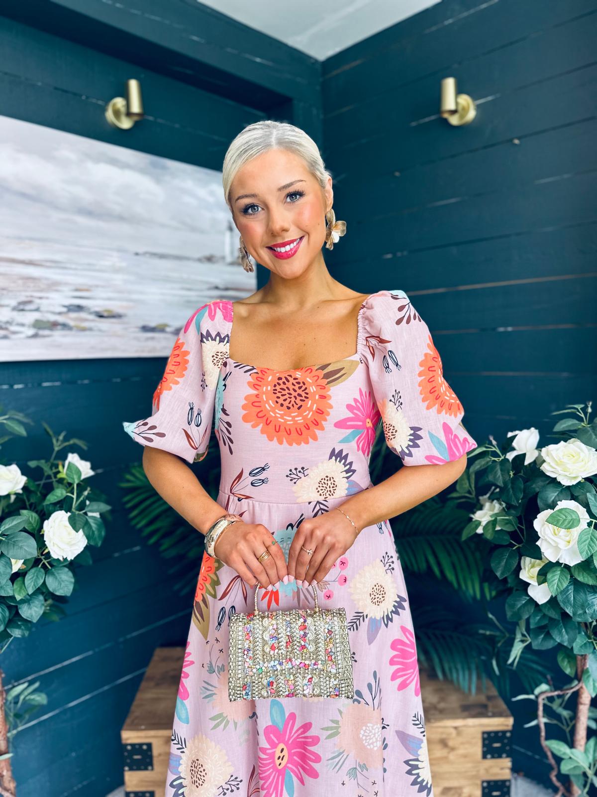 Davina Puff Sleeve Midi Dress Blush
