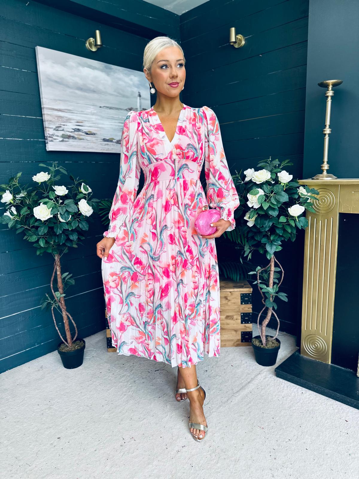 Judith Pleated Midi Dress Floral Pink