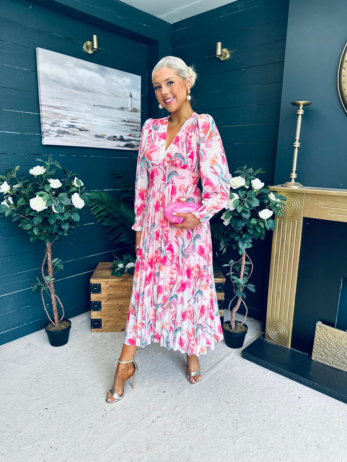 Judith Pleated Midi Dress Floral Pink