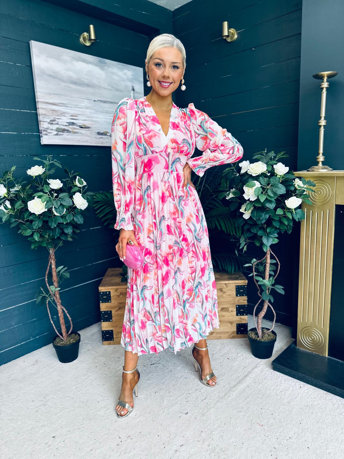 Judith Pleated Midi Dress Floral Pink