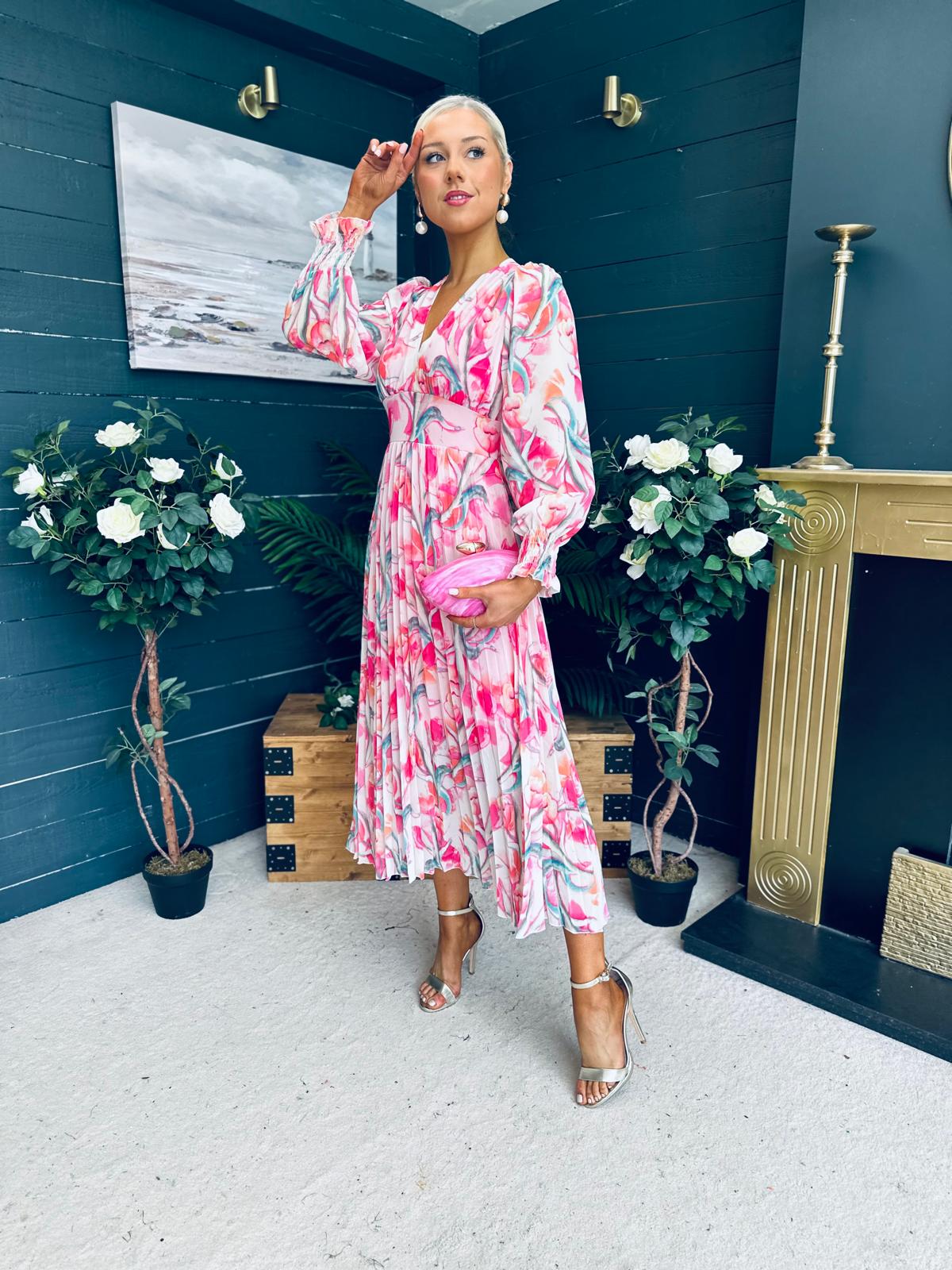 Judith Pleated Midi Dress Floral Pink