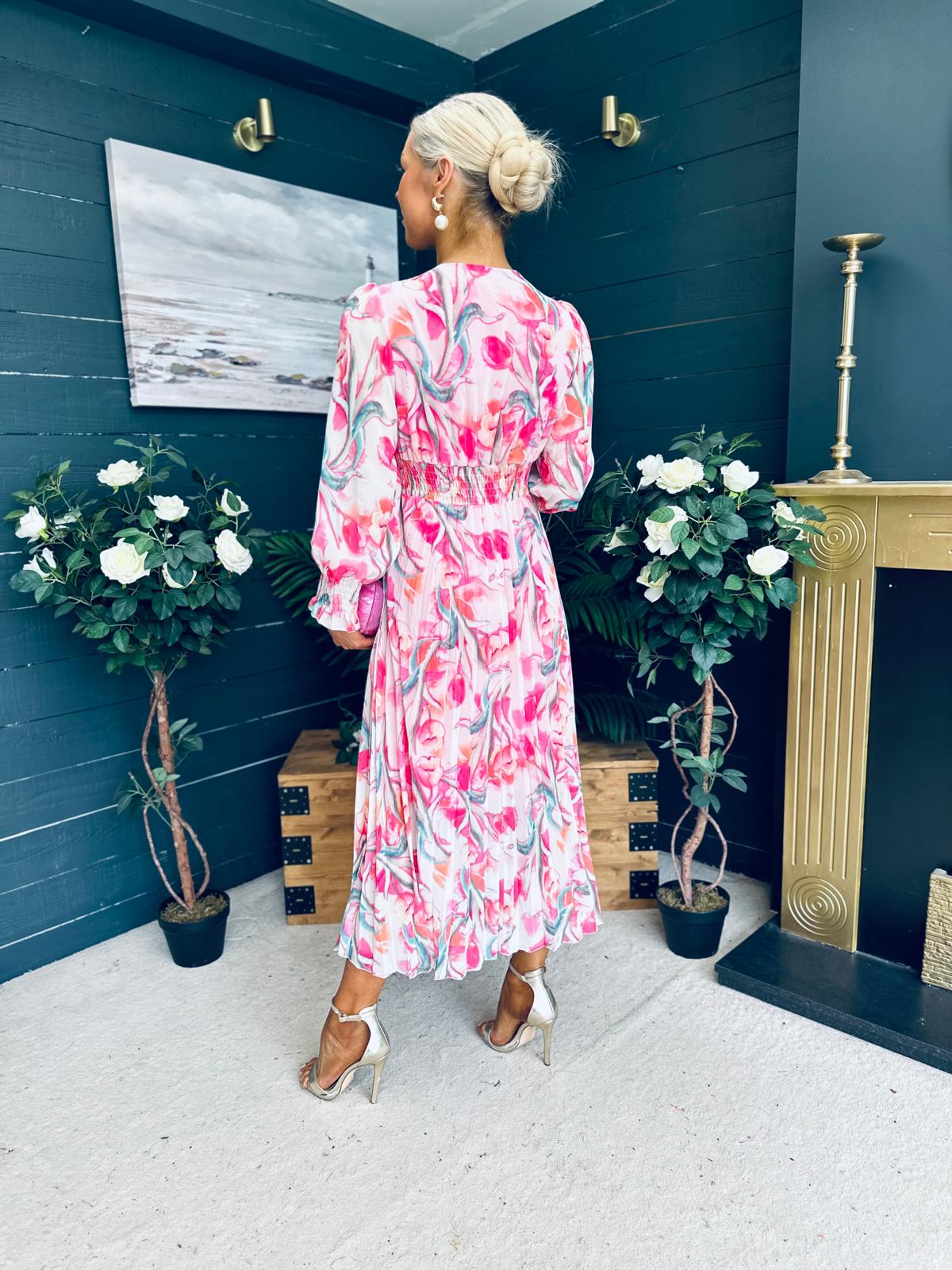 Judith Pleated Midi Dress Floral Pink