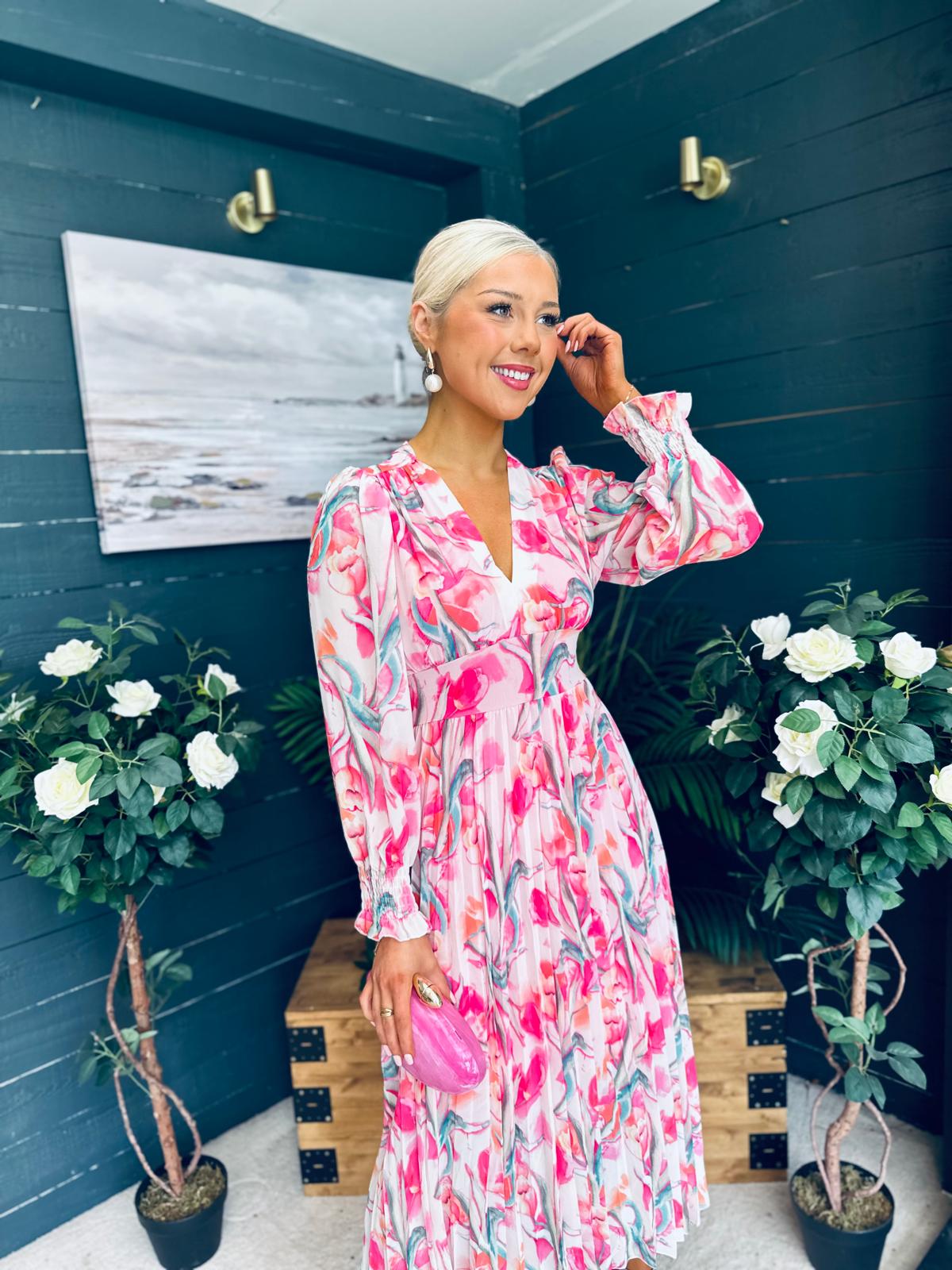 Judith Pleated Midi Dress Floral Pink