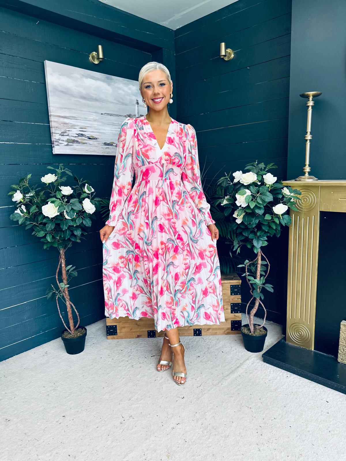 Judith Pleated Midi Dress Floral Pink