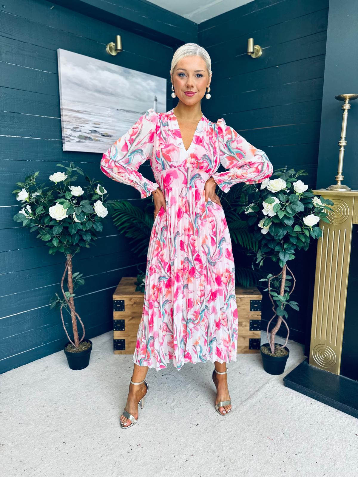 Judith Pleated Midi Dress Floral Pink