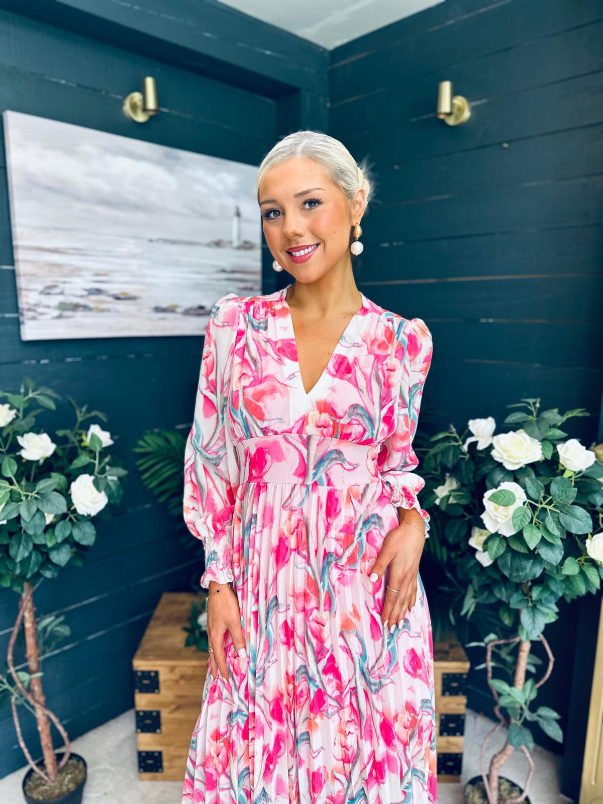 Judith Pleated Midi Dress Floral Pink