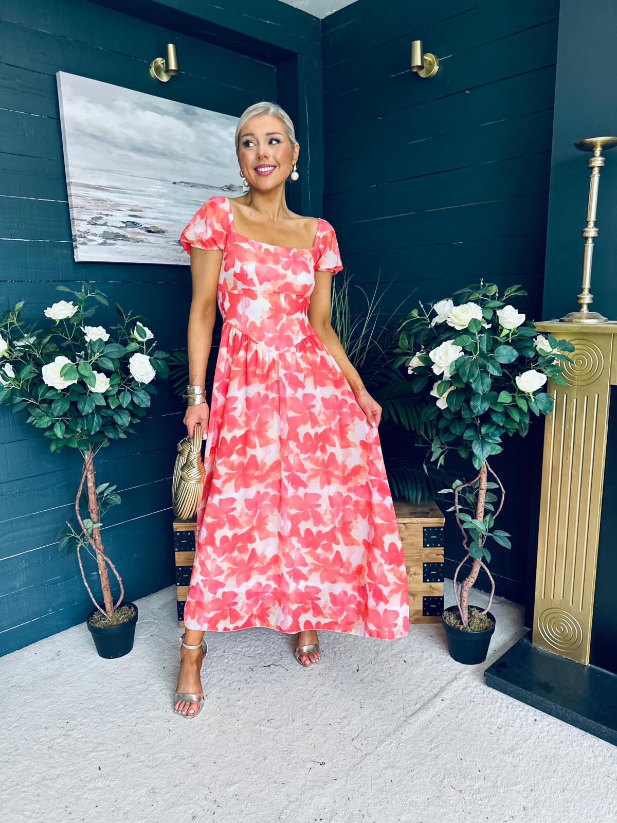 Dione Banded Midi Dress Coral
