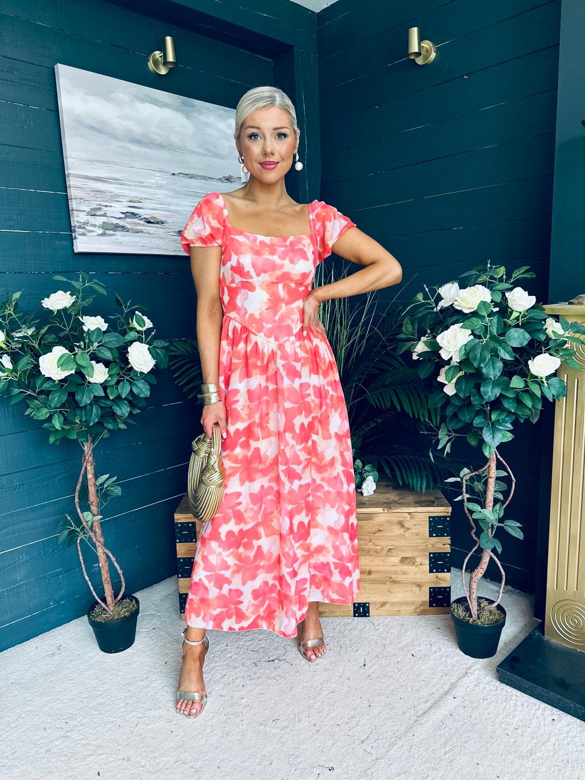 Dione Banded Midi Dress Coral