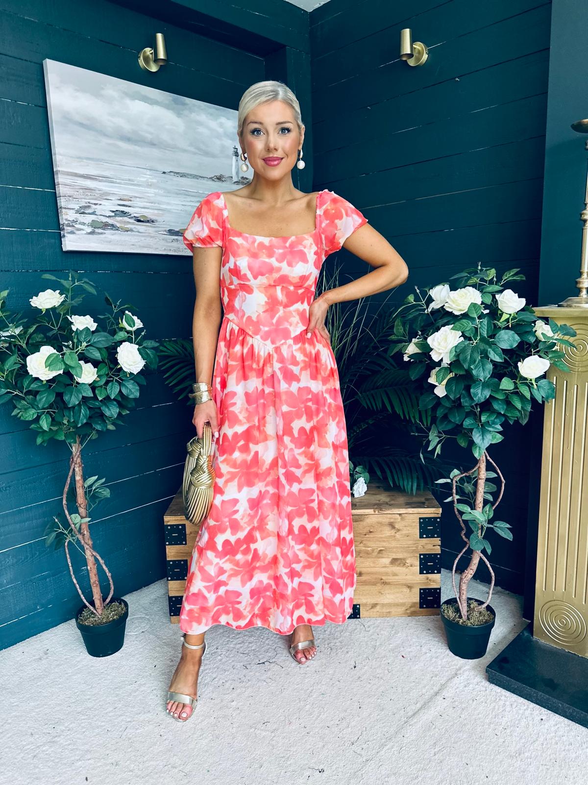 Dione Banded Midi Dress Coral