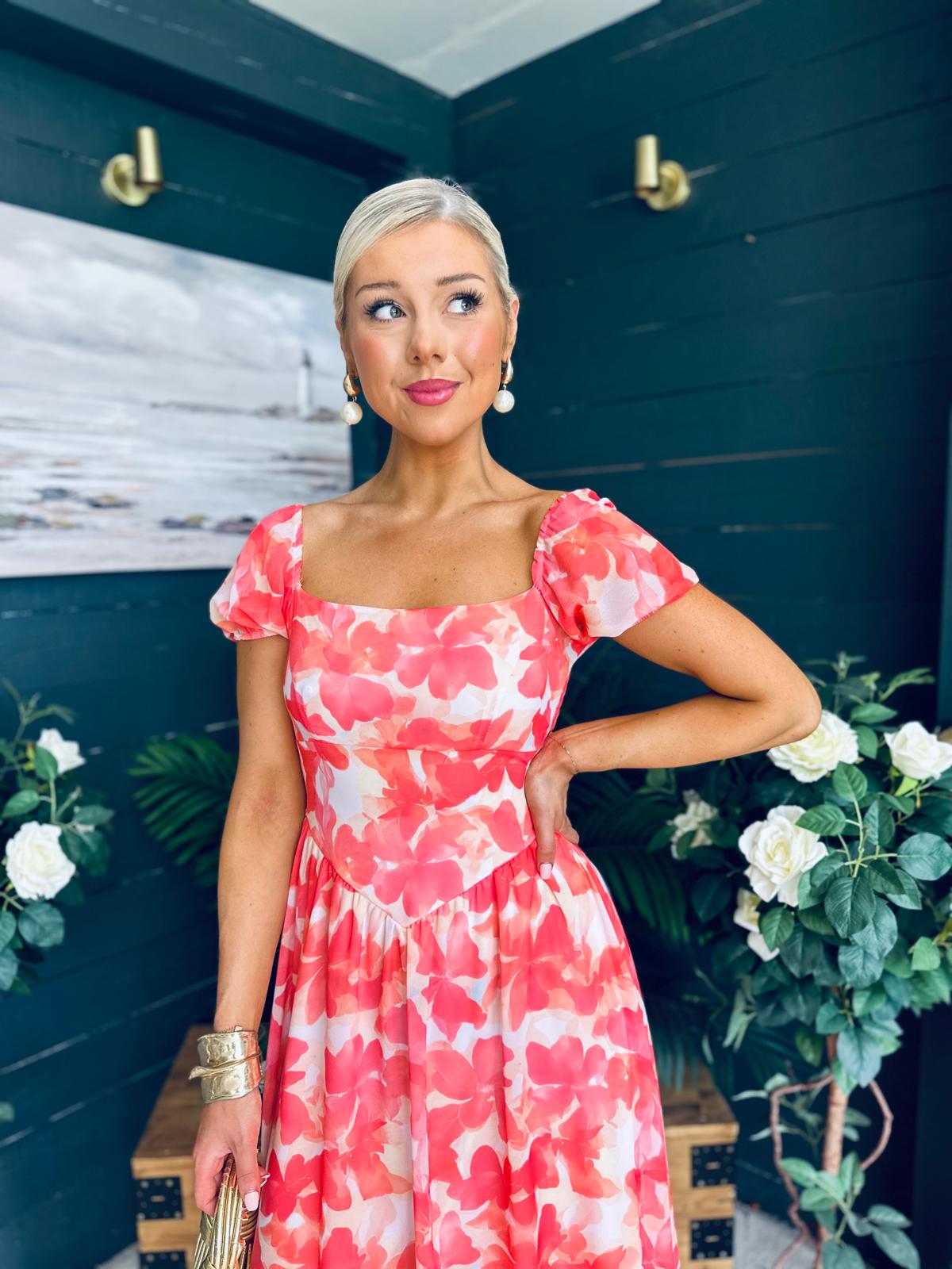 Dione Banded Midi Dress Coral