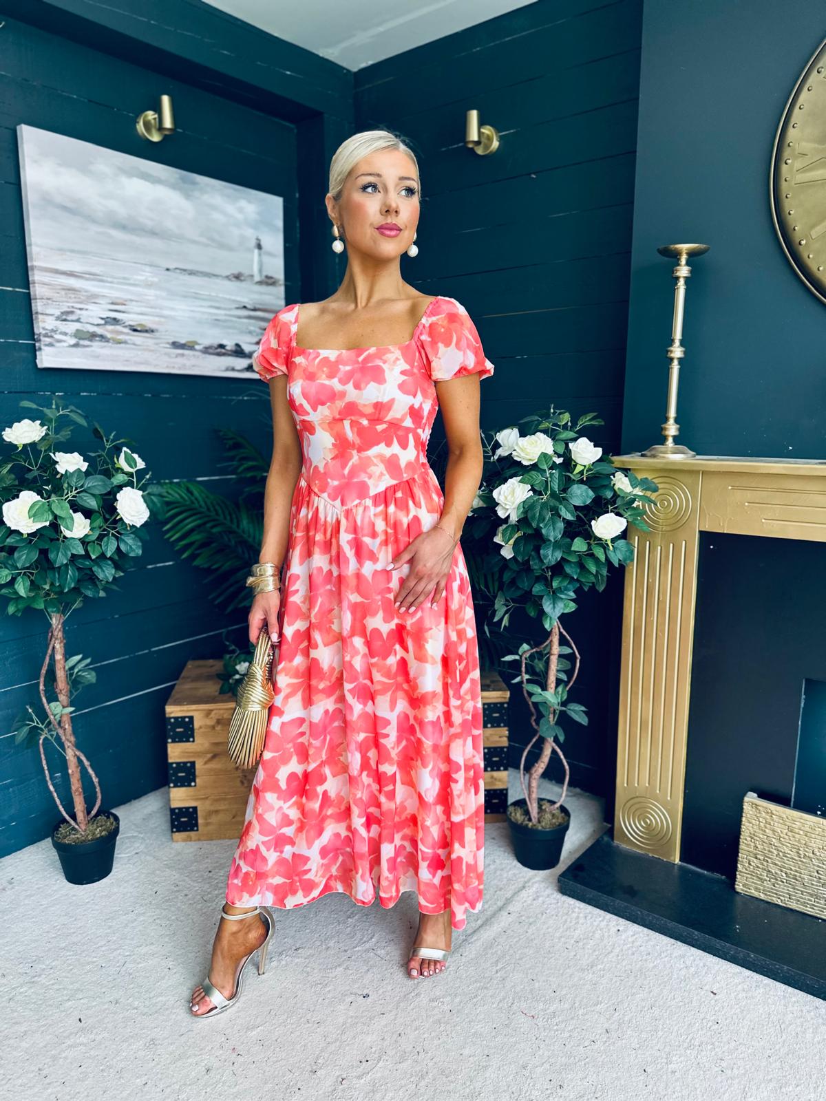 Dione Banded Midi Dress Coral