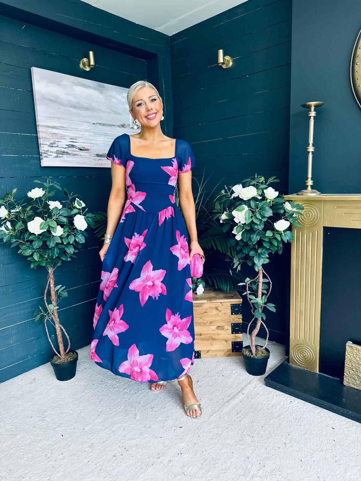 Dione Banded Midi Dress Floral Navy/Pink