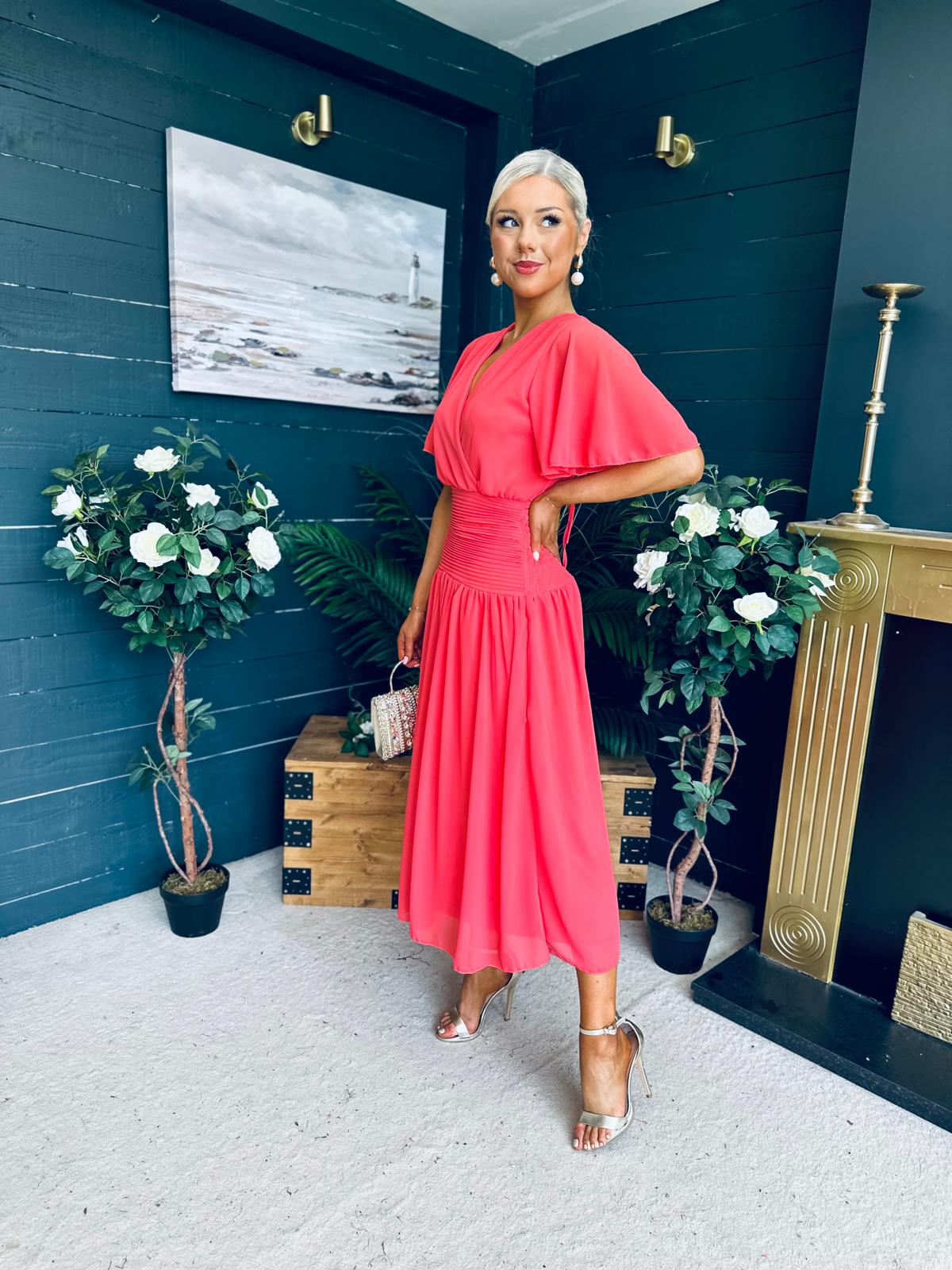 Molly Drop Waist Midi Dress Coral