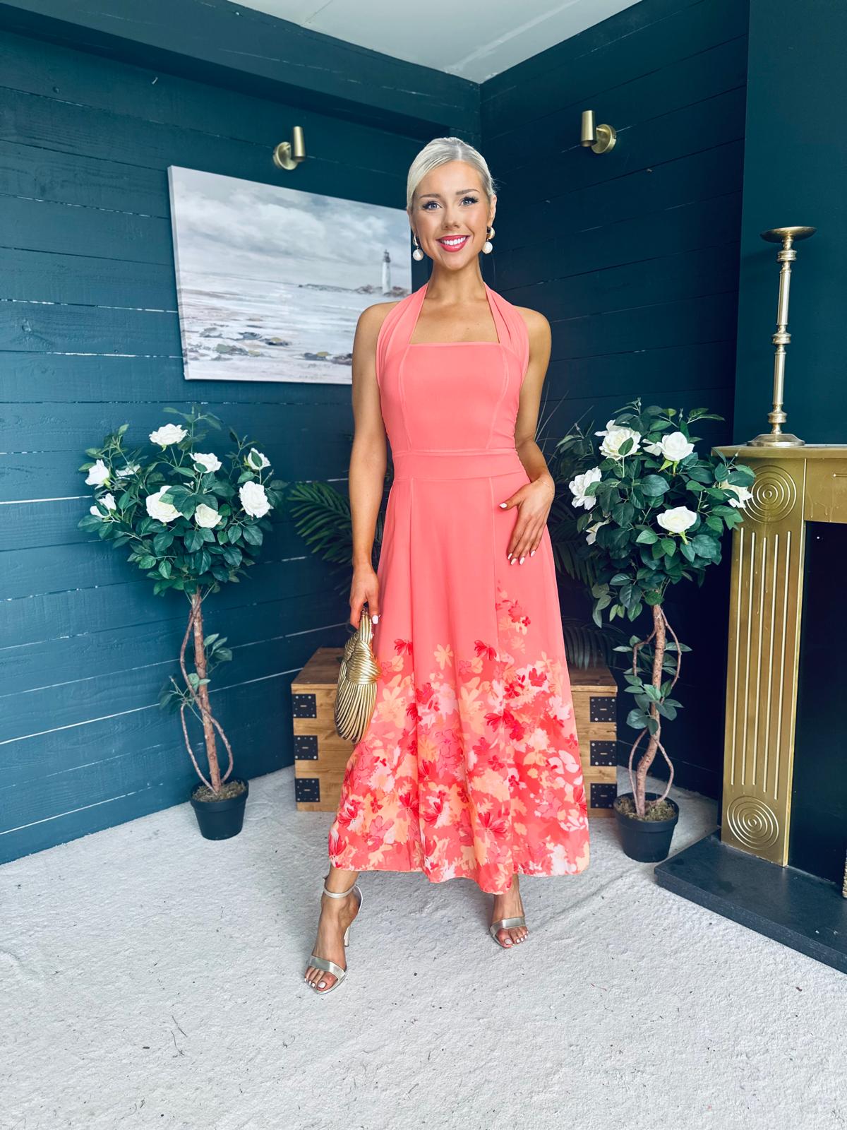 Clodagh Halterneck Midi Dress Floral Coral