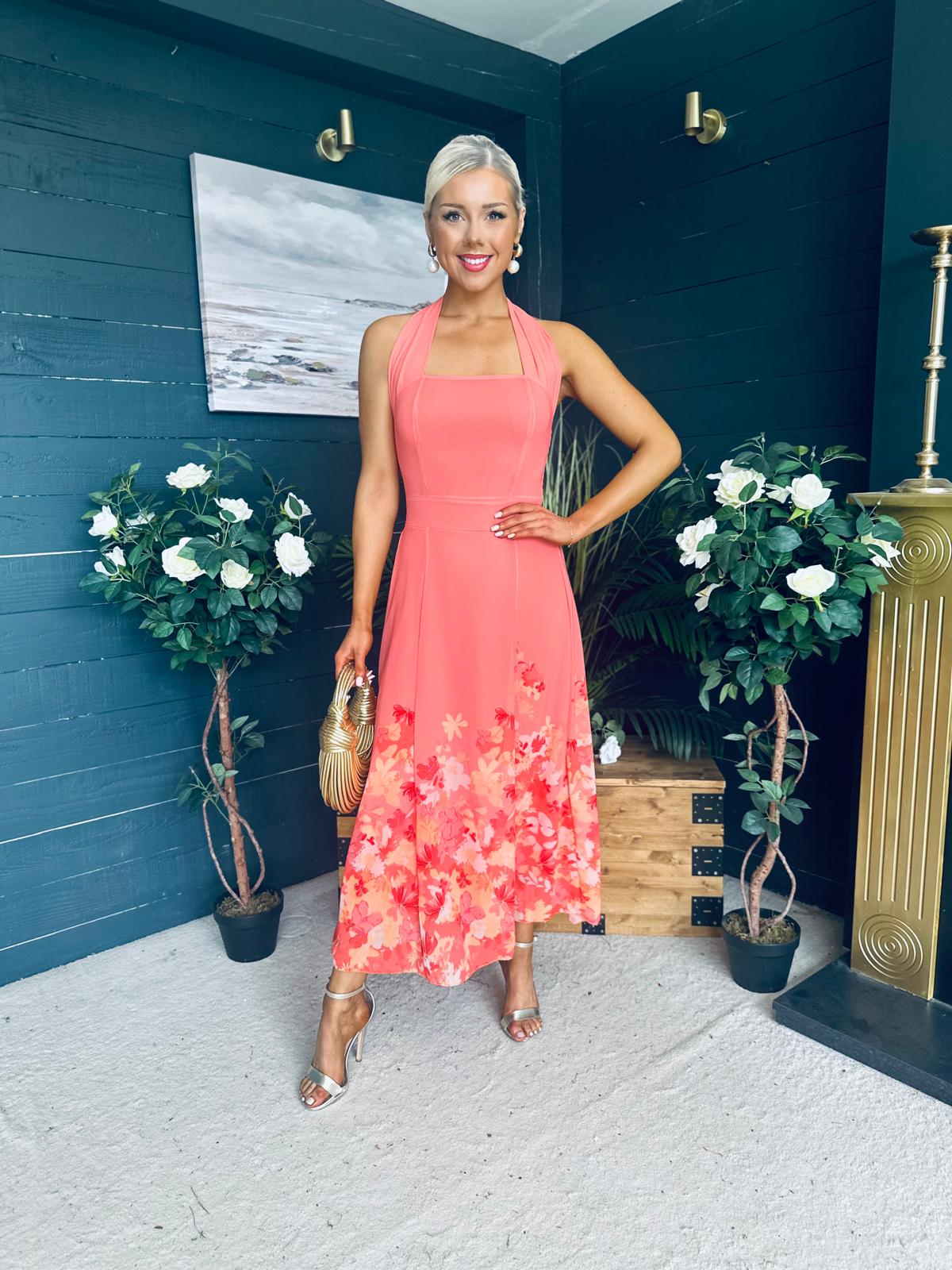 Clodagh Halterneck Midi Dress Floral Coral