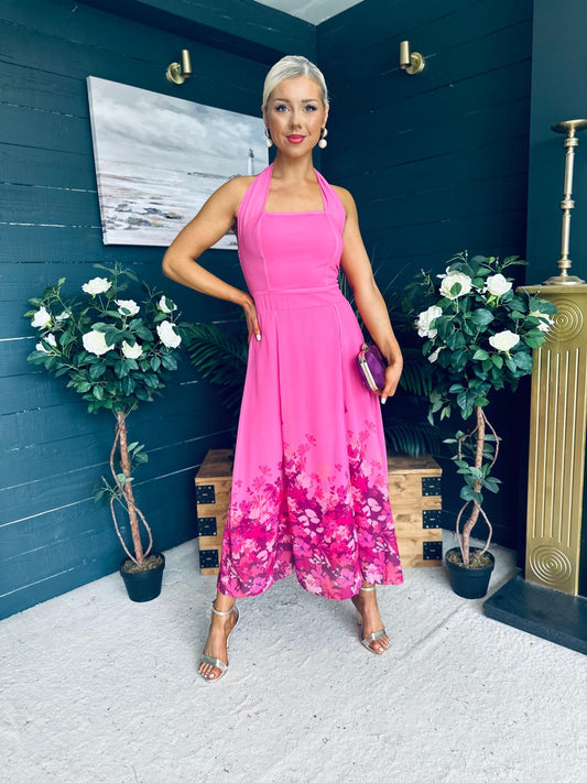Clodagh Halterneck Midi Dress Floral Fuchsia