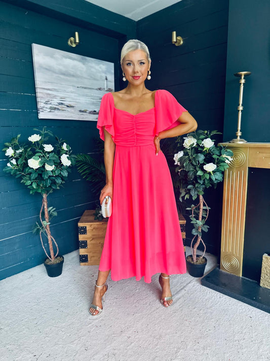 Orla Detailed Midi Dress Neon Pink