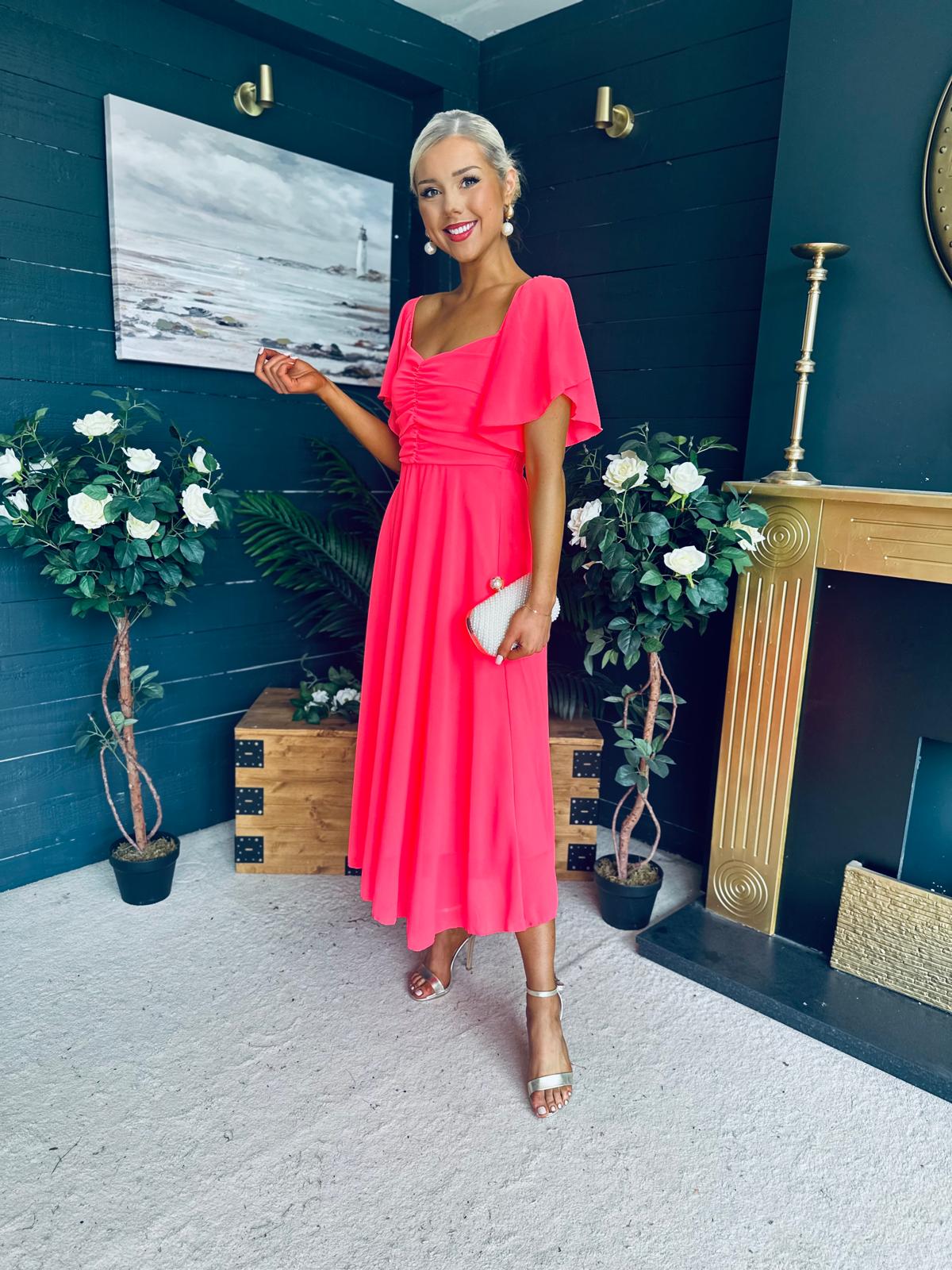 Orla Detailed Midi Dress Neon Pink