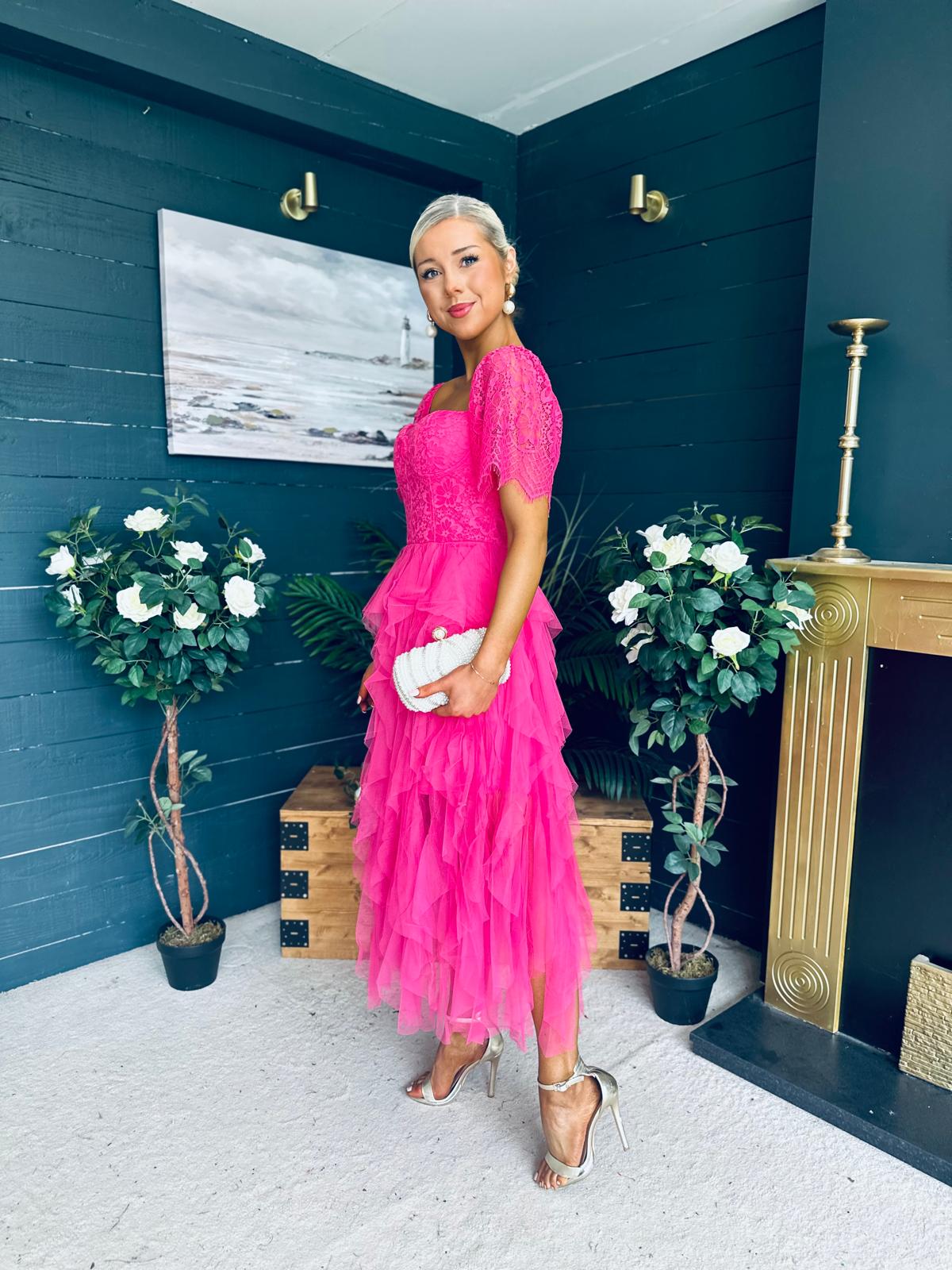 Delaney Occasion Tulle Midi Dress Fuchsia