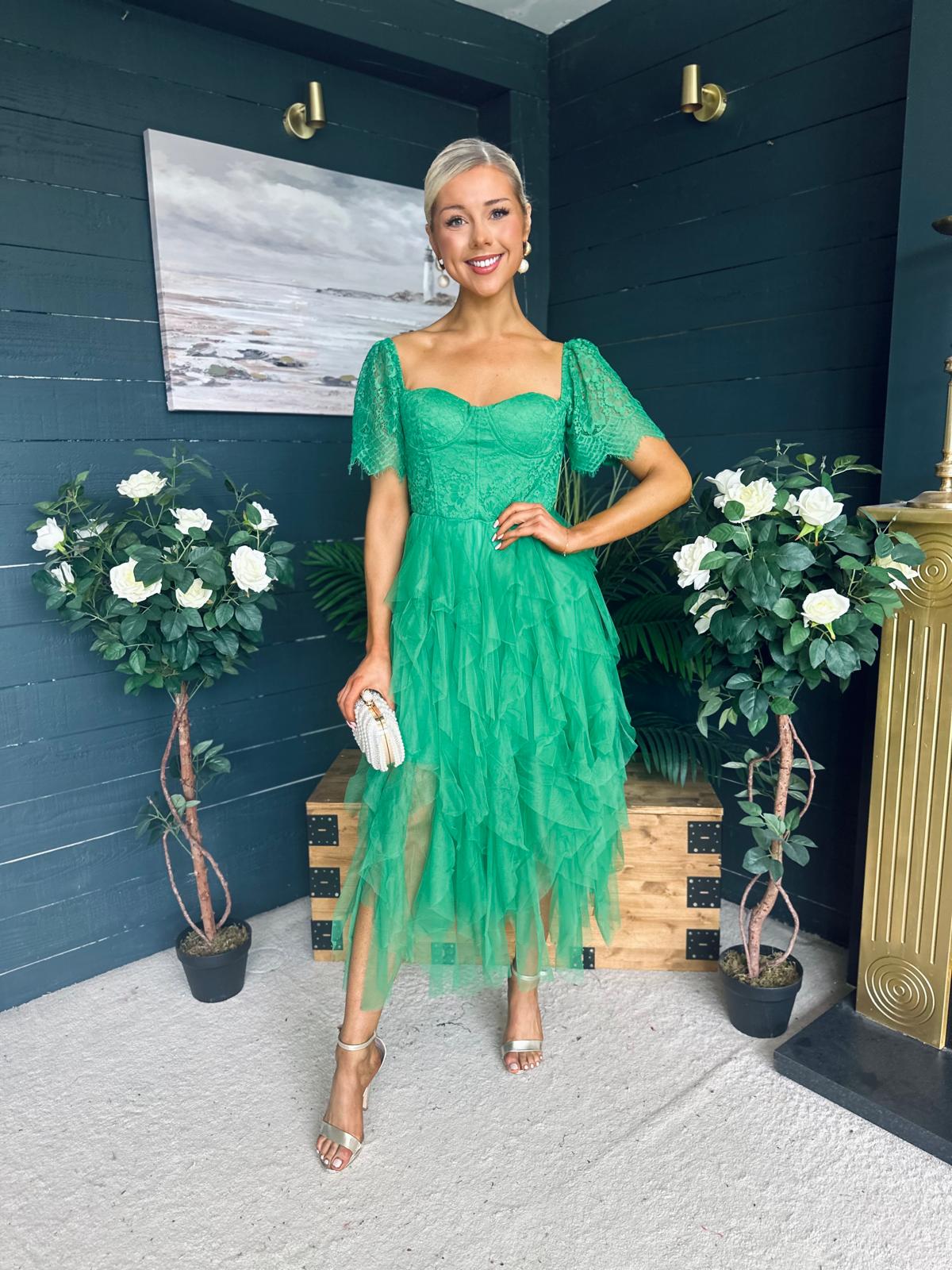 Delaney Occasion Tulle Midi Dress Emerald