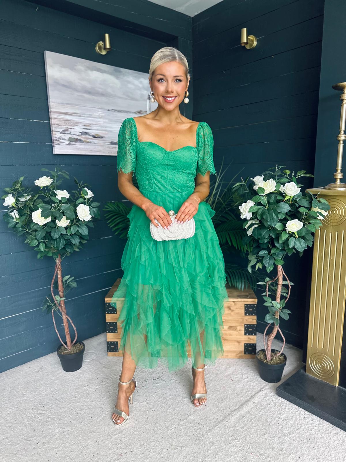 Delaney Occasion Tulle Midi Dress Emerald