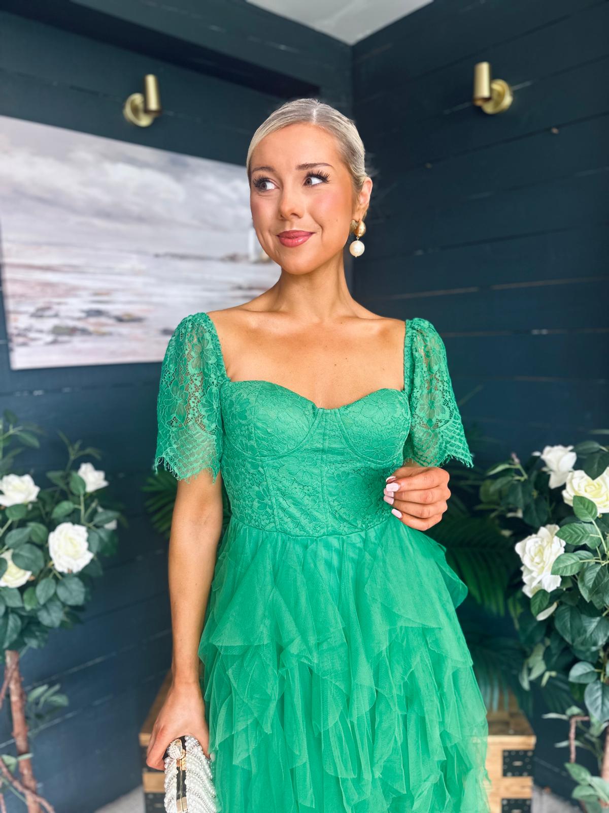 Delaney Occasion Tulle Midi Dress Emerald
