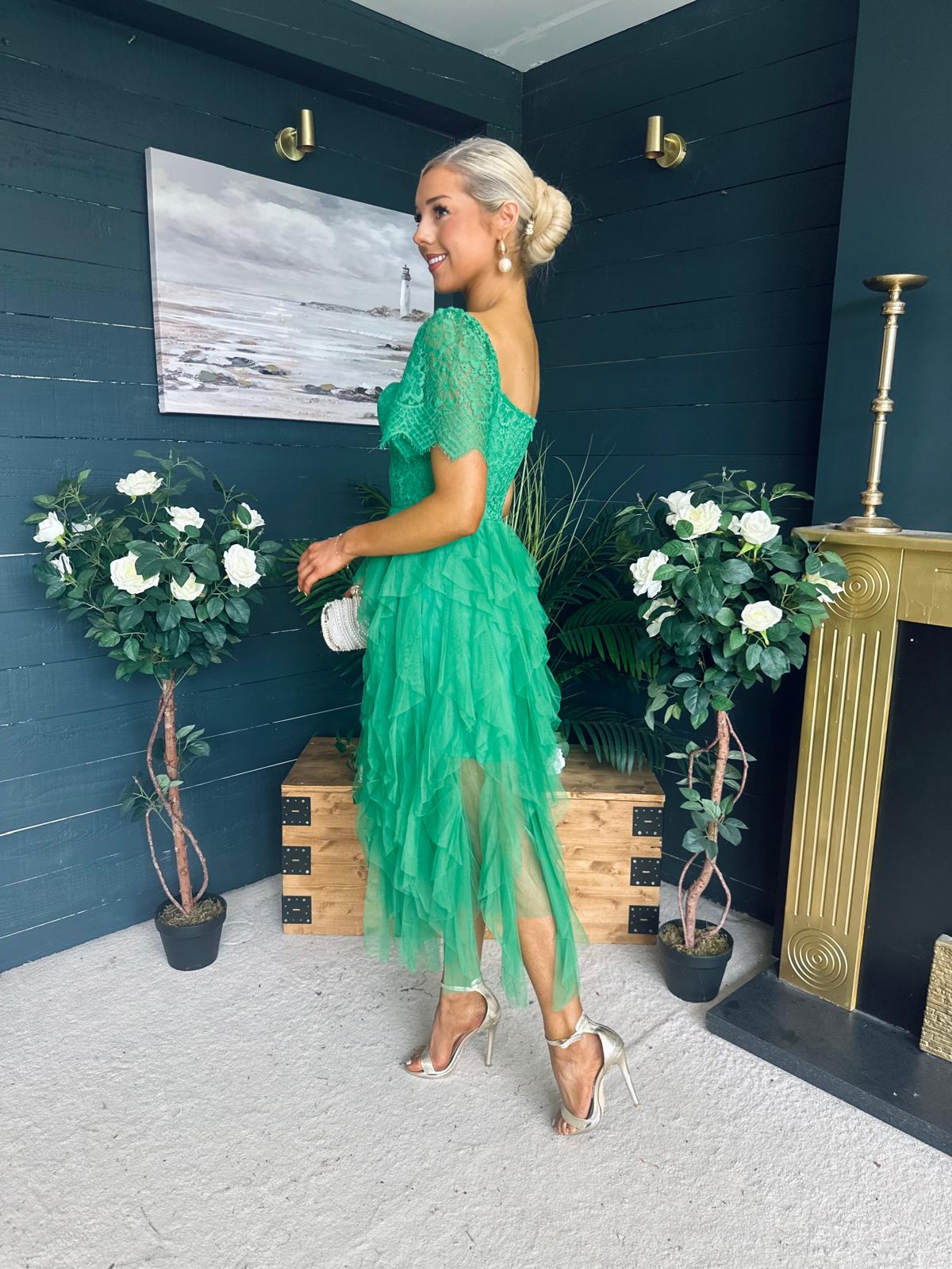 Delaney Occasion Tulle Midi Dress Emerald