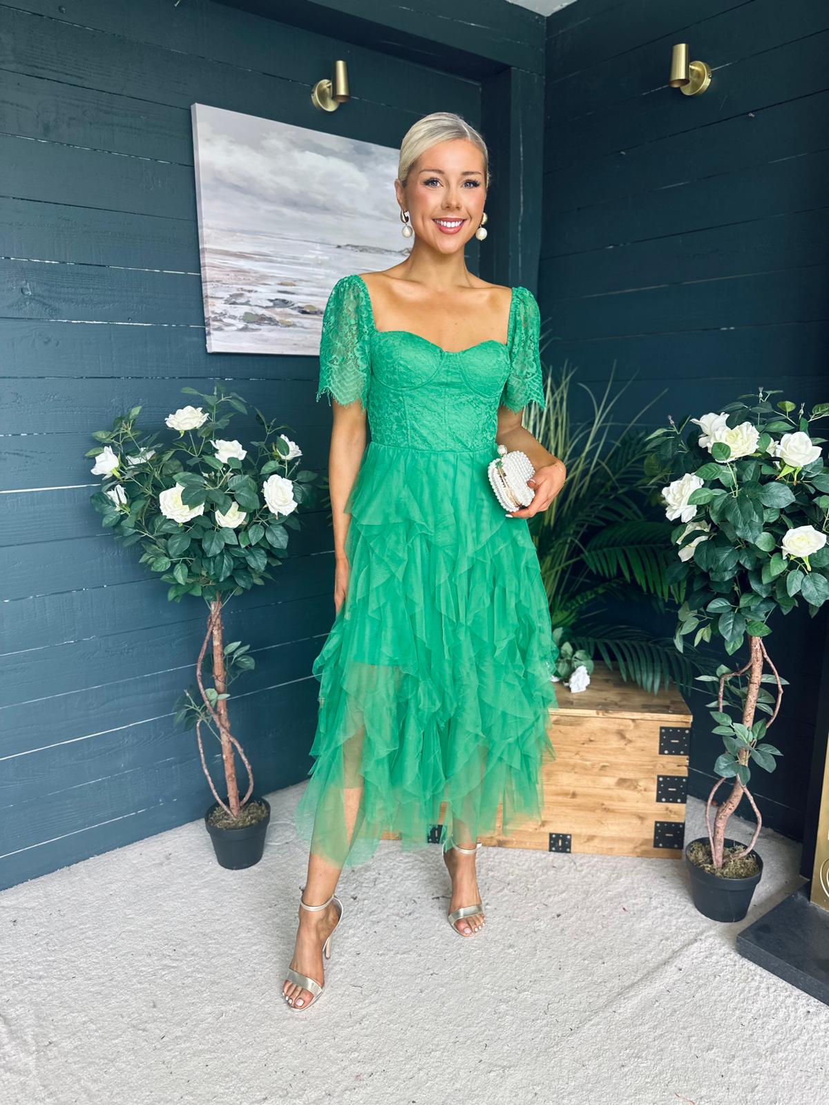 Delaney Occasion Tulle Midi Dress Emerald