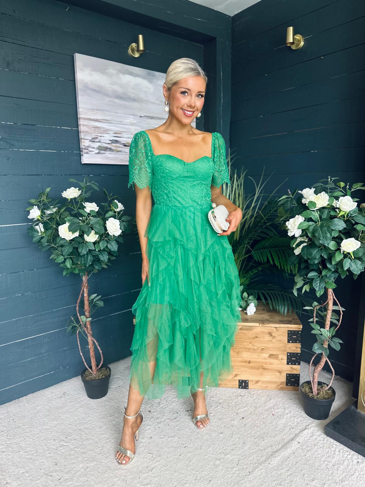 Delaney Occasion Tulle Midi Dress Emerald