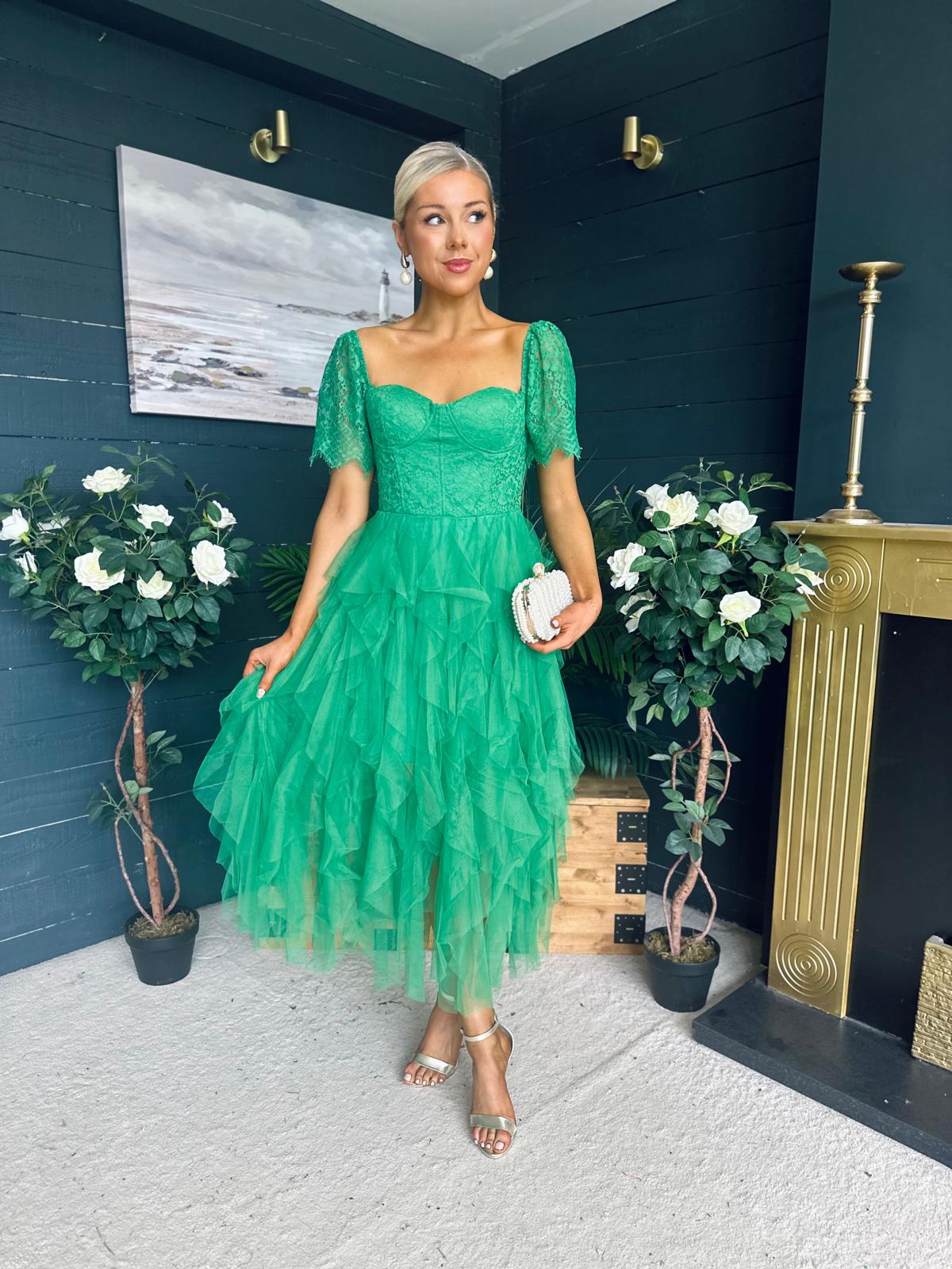 Delaney Occasion Tulle Midi Dress Emerald