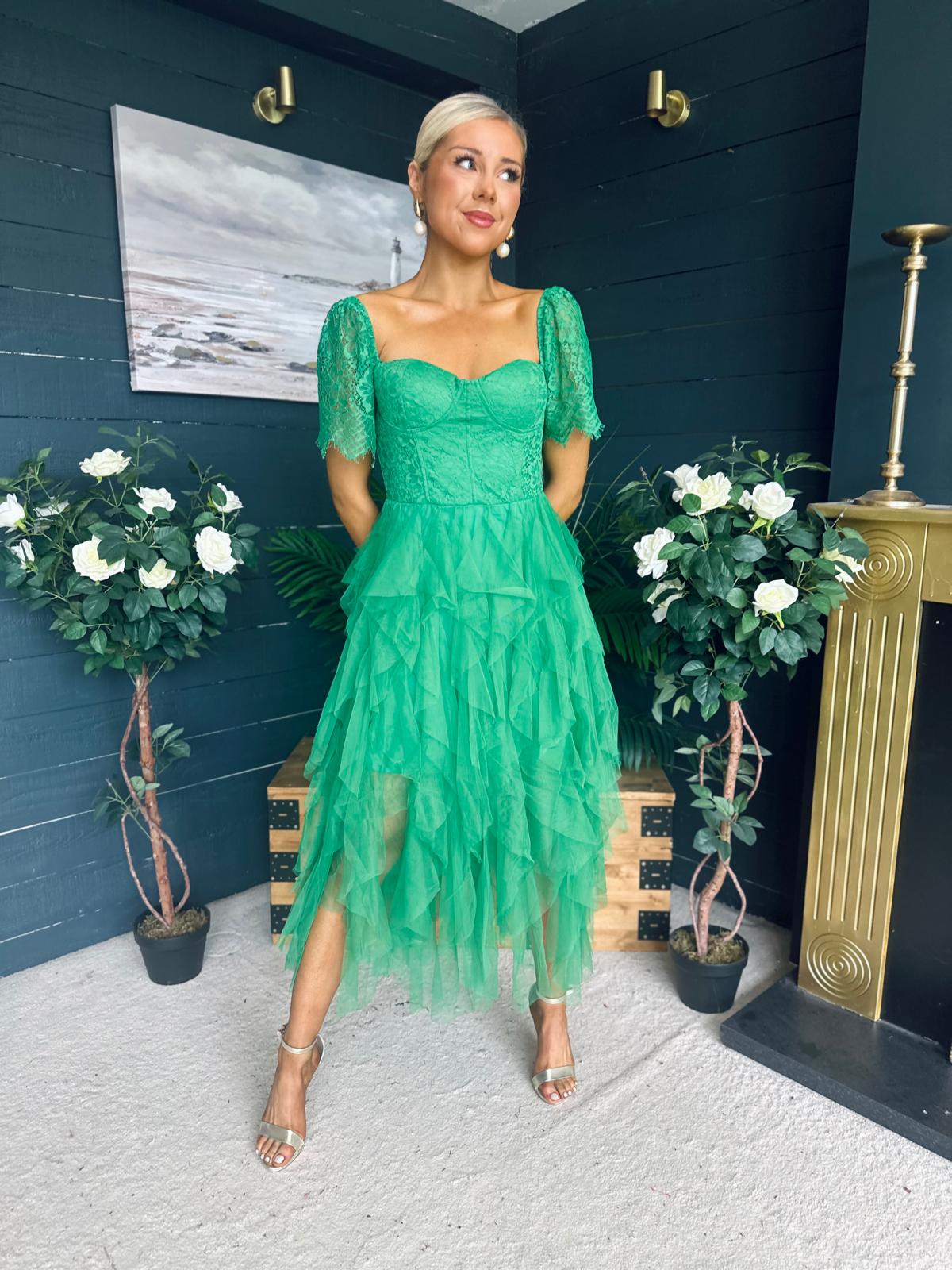 Delaney Occasion Tulle Midi Dress Emerald