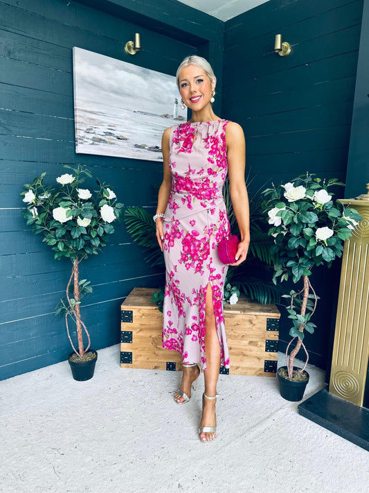 Bay Boat Neck Keyhole Detail Midi Dress Floral Pink