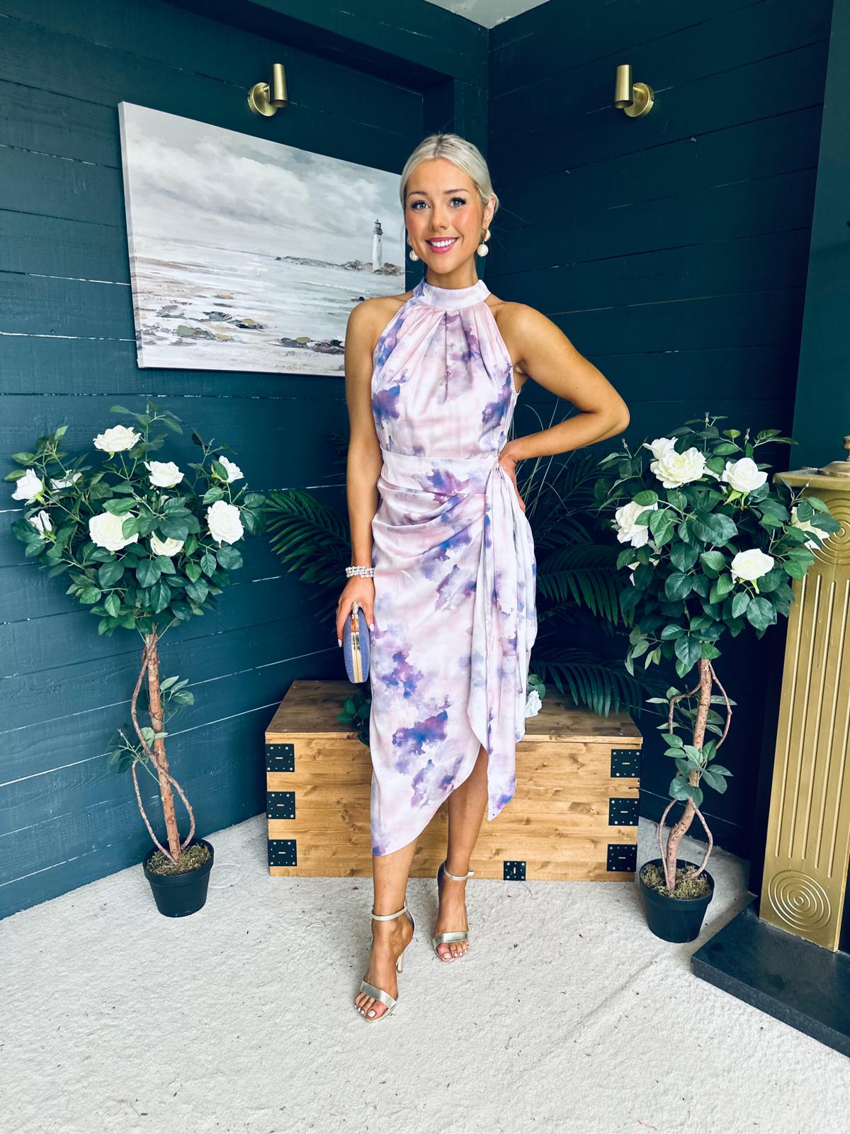 Priya Tie Waist Halter Neck Midi Dress Marble Purple