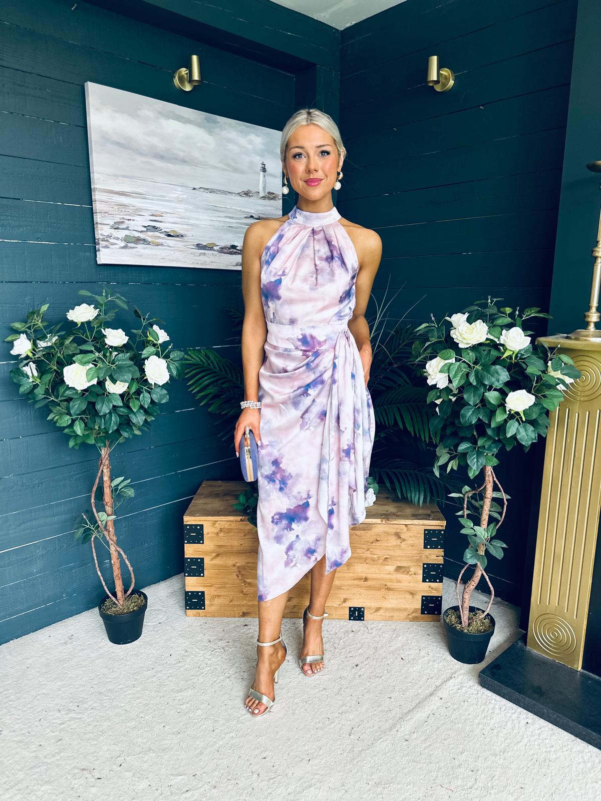 Priya Tie Waist Halter Neck Midi Dress Marble Purple