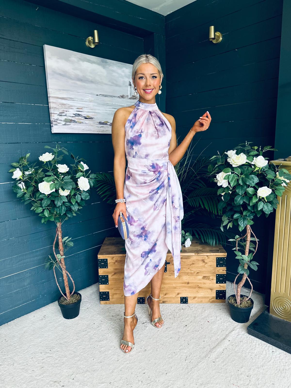 Priya Tie Waist Halter Neck Midi Dress Marble Purple