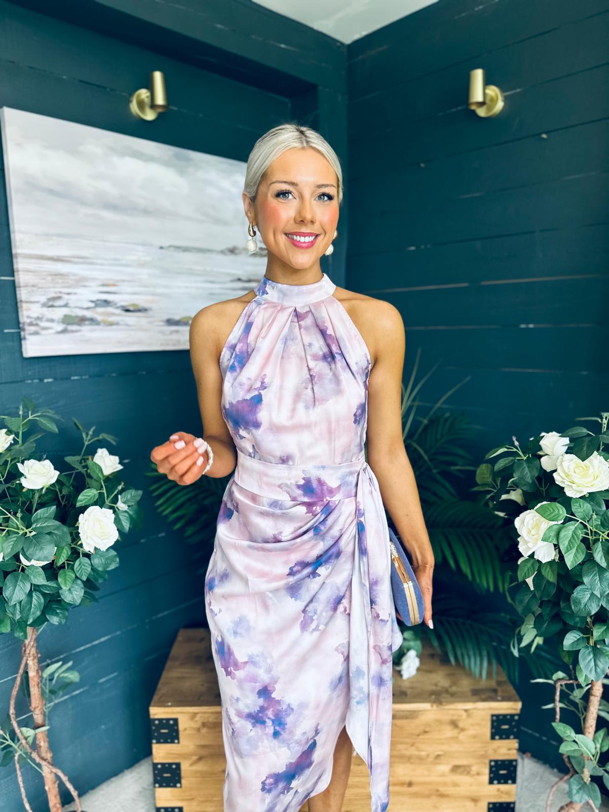 Priya Tie Waist Halter Neck Midi Dress Marble Purple