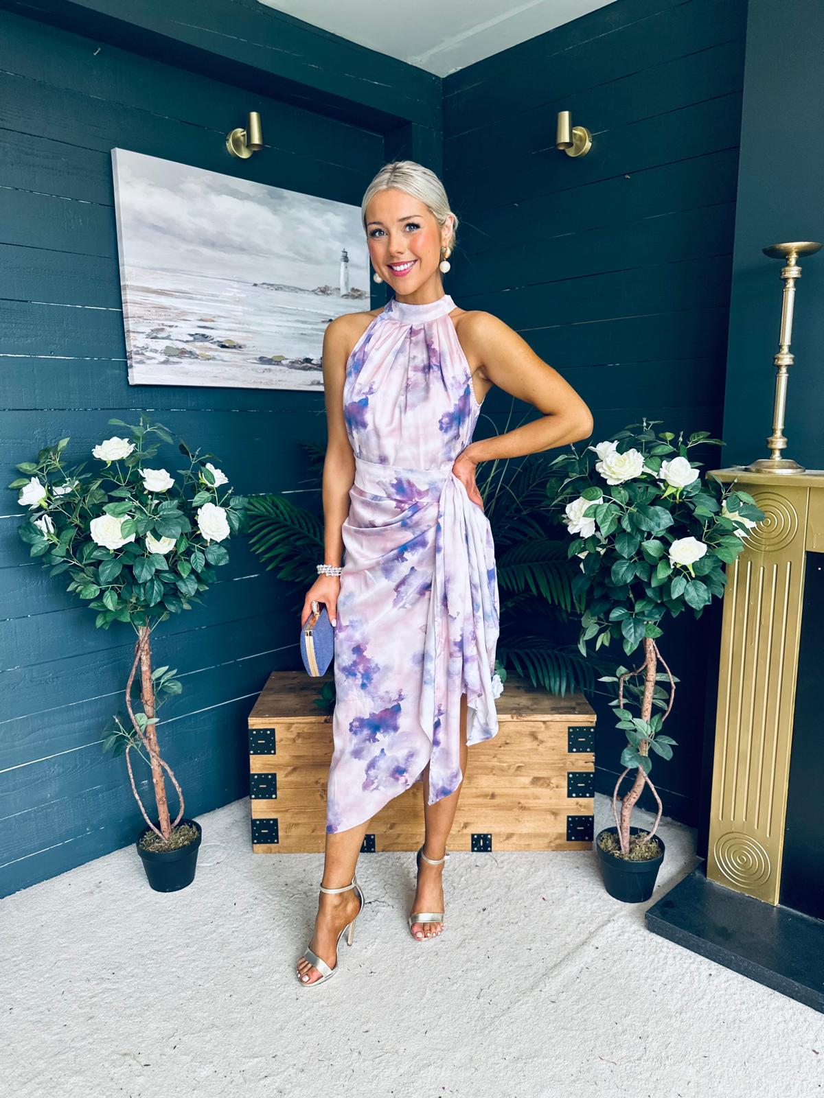 Priya Tie Waist Halter Neck Midi Dress Marble Purple