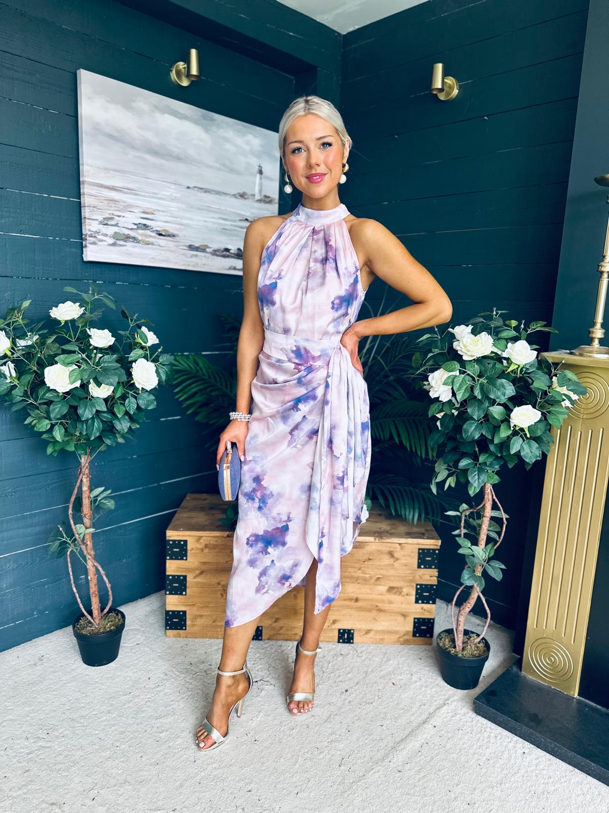 Priya Tie Waist Halter Neck Midi Dress Marble Purple