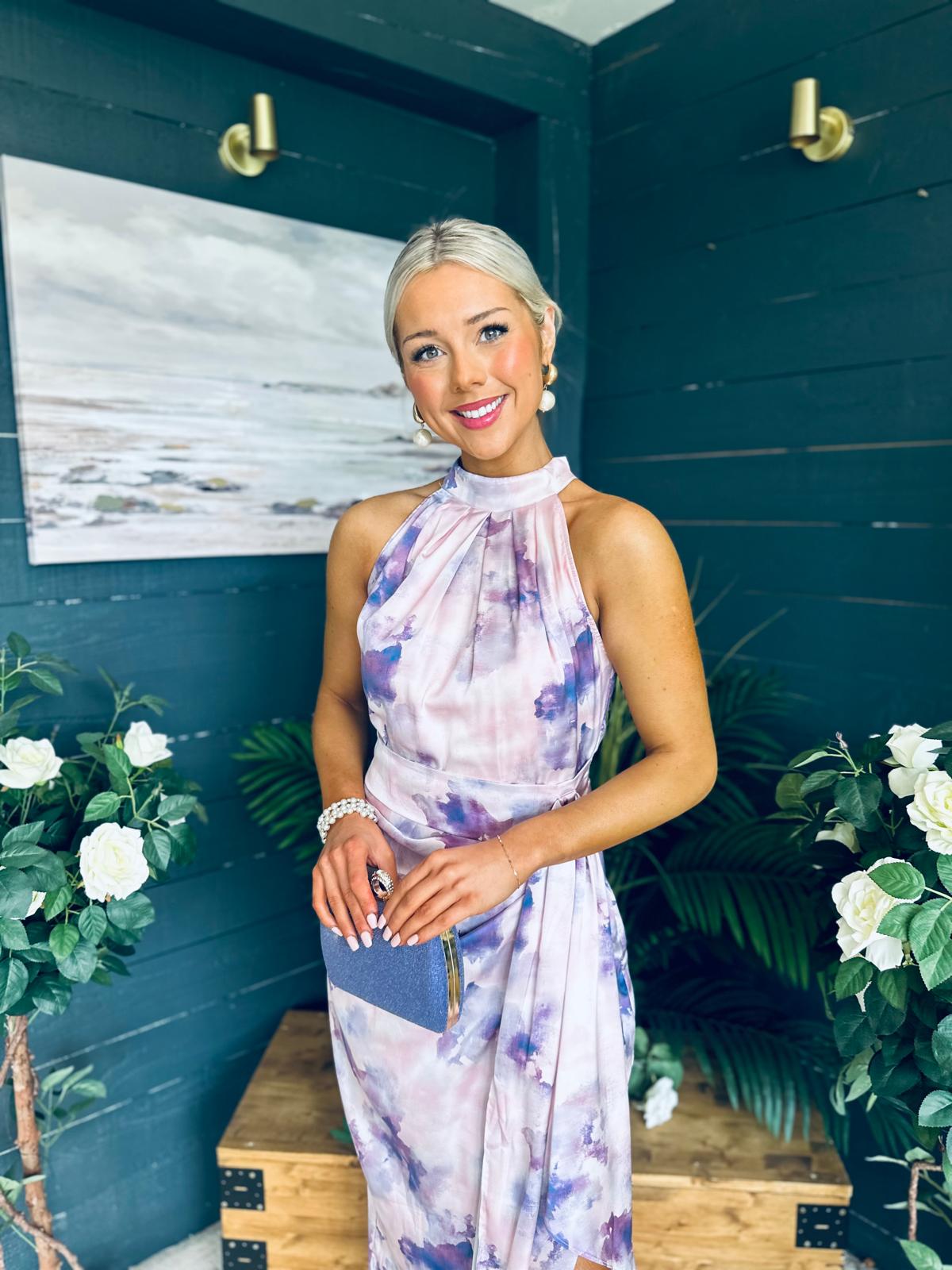 Priya Tie Waist Halter Neck Midi Dress Marble Purple